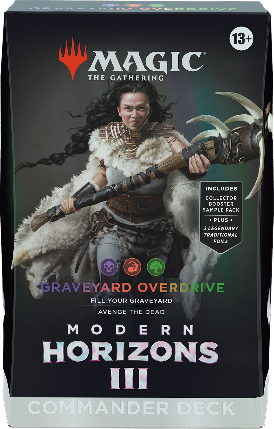 Cutie sigilată Modern Horizons 3 Commander Deck Graveyard Overdrive - deck preconstruit Magic: The Gathering în culorile Jund (negru/roșu/verde), condus de Disa the Restless, 100 cărți cu tematică graveyard și Lhurgoyf tribal