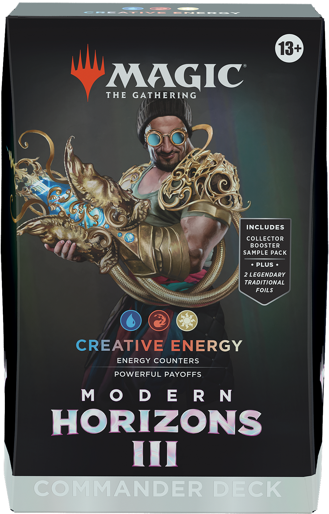 Cutie sigilată Modern Horizons 3 Commander Deck Creative Energy - deck preconstruit Magic: The Gathering în culorile Jeskai (albastru/roșu/alb), condus de Satya, Aetherflux Genius, 100 cărți cu tematică energy counters și artefacte