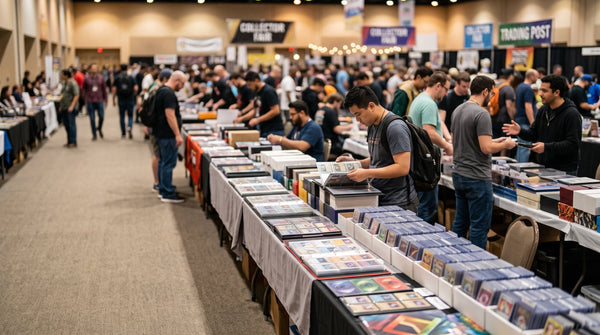 Vizitatori la Bucharest Card Show, mese cu cărți de colecție Magic și Pokémon