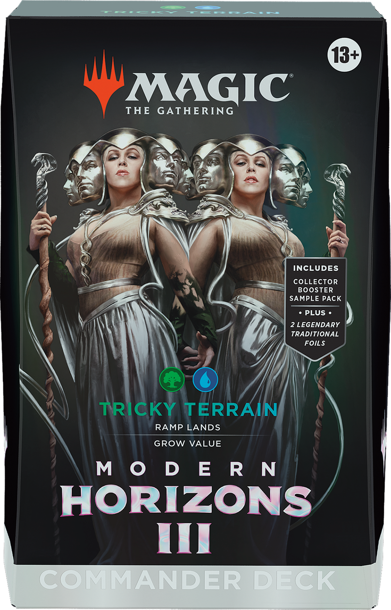 Modern Horizons 3 Tricky Terrain Commander Deck cutia cu Omo Queen of Vesuva pe copertă
