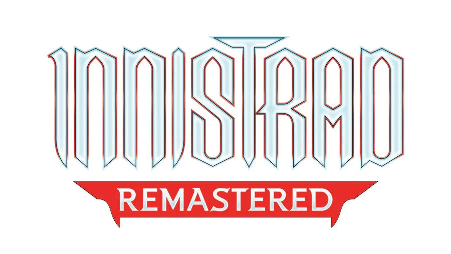 Magic The Gathering Innistrad Remastered display și booster cu cadru retro pe fundal gothic