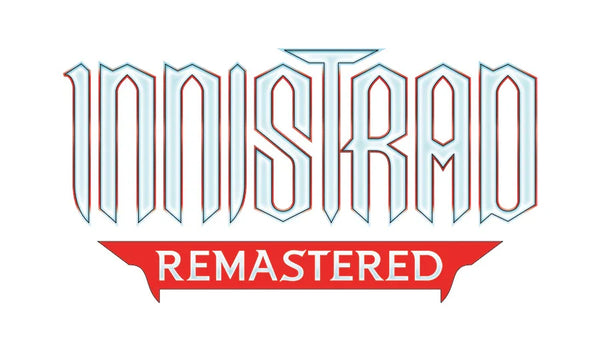Magic The Gathering Innistrad Remastered display și booster cu cadru retro pe fundal gothic