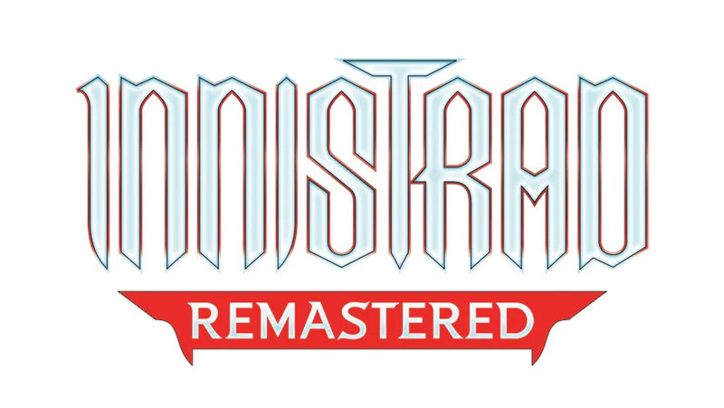 Magic The Gathering Innistrad Remastered display și booster cu cadru retro pe fundal gothic