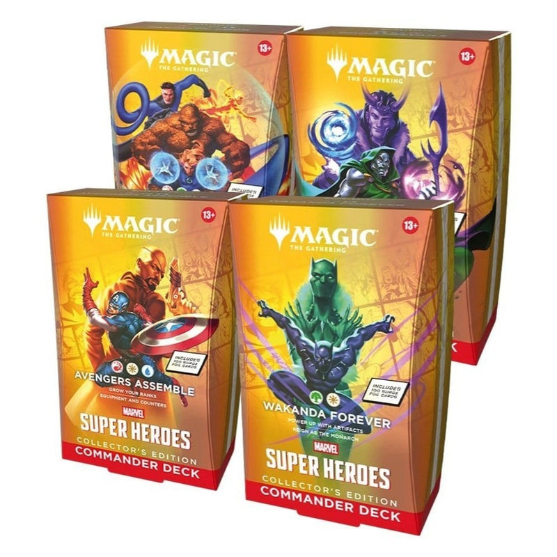Magic The Gathering Marvel Super Heroes cele patru Commander Decks Avengers Wakanda Fantastic Four Doom Prevails