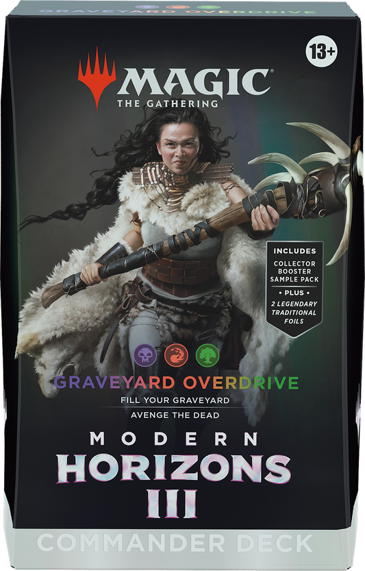 Cutie sigilată Modern Horizons 3 Commander Deck Graveyard Overdrive - deck preconstruit Magic: The Gathering în culorile Jund (negru/roșu/verde), condus de Disa the Restless, 100 cărți cu tematică graveyard și Lhurgoyf tribal