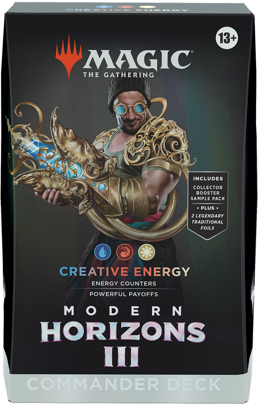 Cutie sigilată Modern Horizons 3 Commander Deck Creative Energy - deck preconstruit Magic: The Gathering în culorile Jeskai (albastru/roșu/alb), condus de Satya, Aetherflux Genius, 100 cărți cu tematică energy counters și artefacte